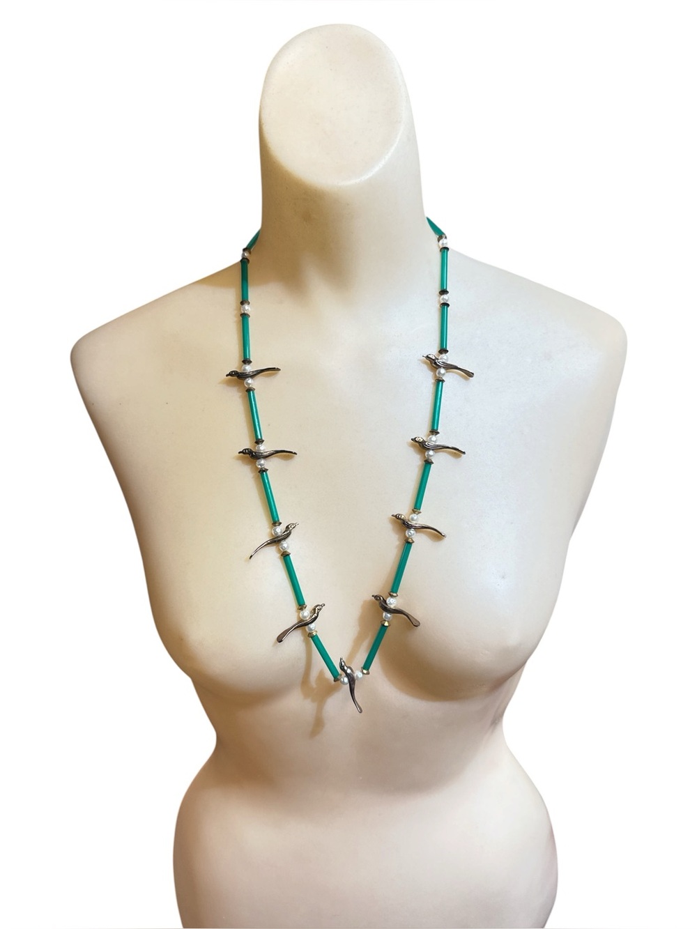 Vintage 80s does 30s Kenneth Lane Swallow Bird Czech Glass Pearl Necklace 29”
